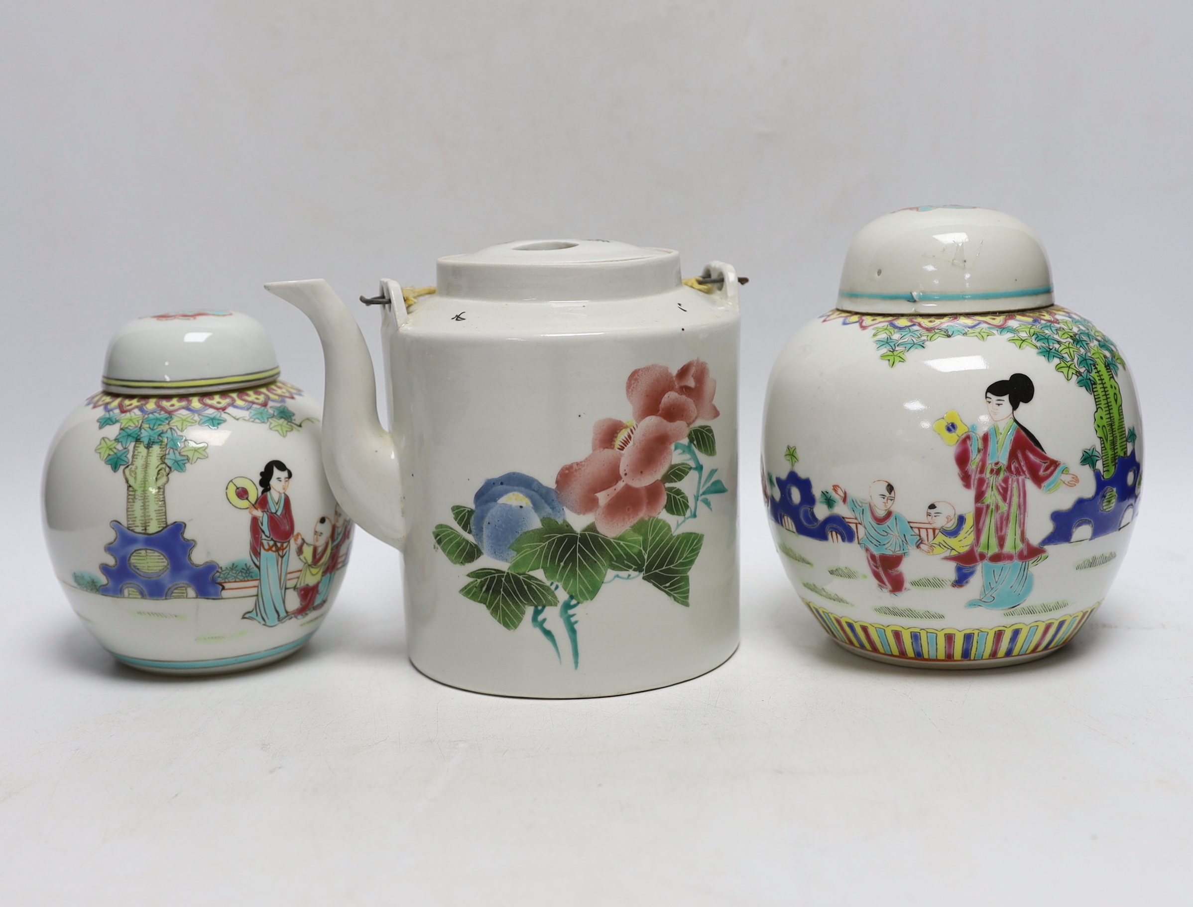 Two Chinese Imari square dishes, Kangxi, 15cm wide, two Chinese enamelled ginger jars and a teapot